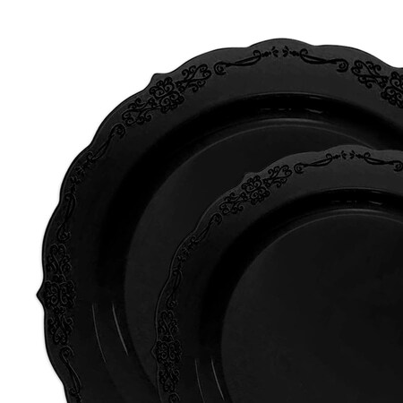 Smarty Had A Party Black Vintage Rim Round Plastic Dinnerware Value Set (120 Dinner Plates + 120 Salad Plates), 240PK 860BVP-CASE